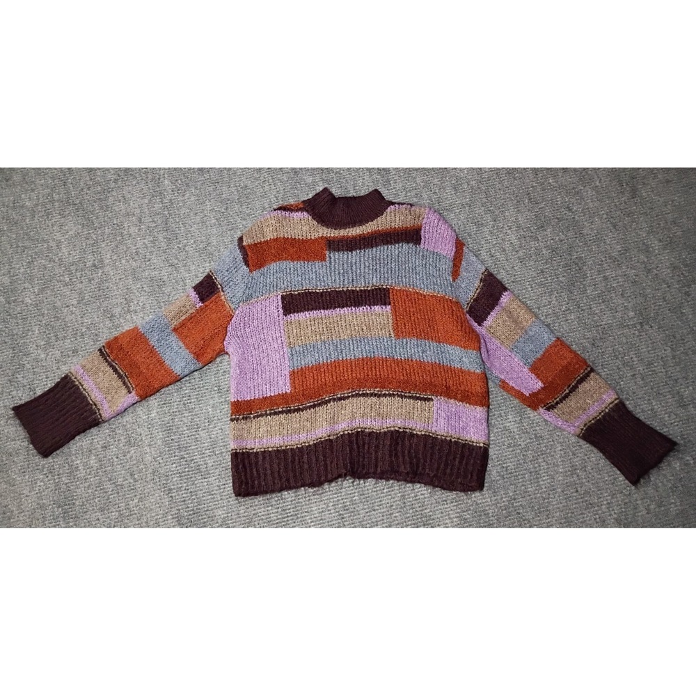 A.N.A. Women's Striped Fuzzy Patchwork Crew Neck Knit Sweater Size Large